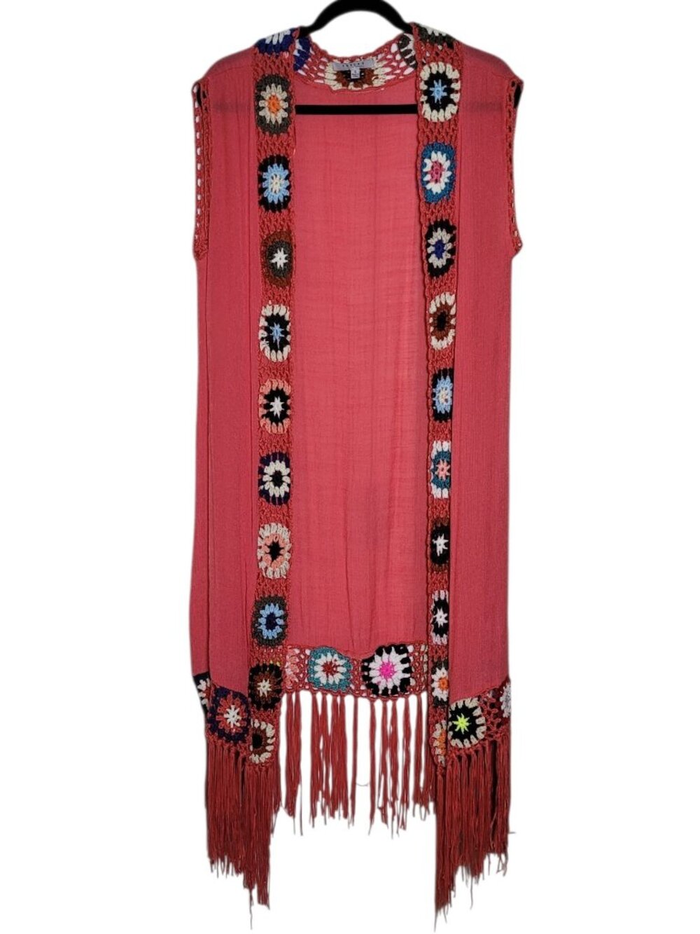 Favlux Crochet Trim Sleeveless Long Cardigan Fringe Vest Coral Festival Boho